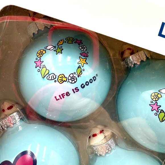 Life Is Good 6 Blue Ornament Balls Red Heart Seashell Heart Decor Christmas - Picture 7 of 9